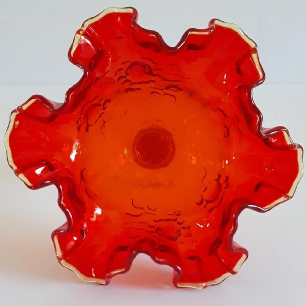 Vintage Amberina Glass Ruffled Compote Candy Dish Pedestal Bowl